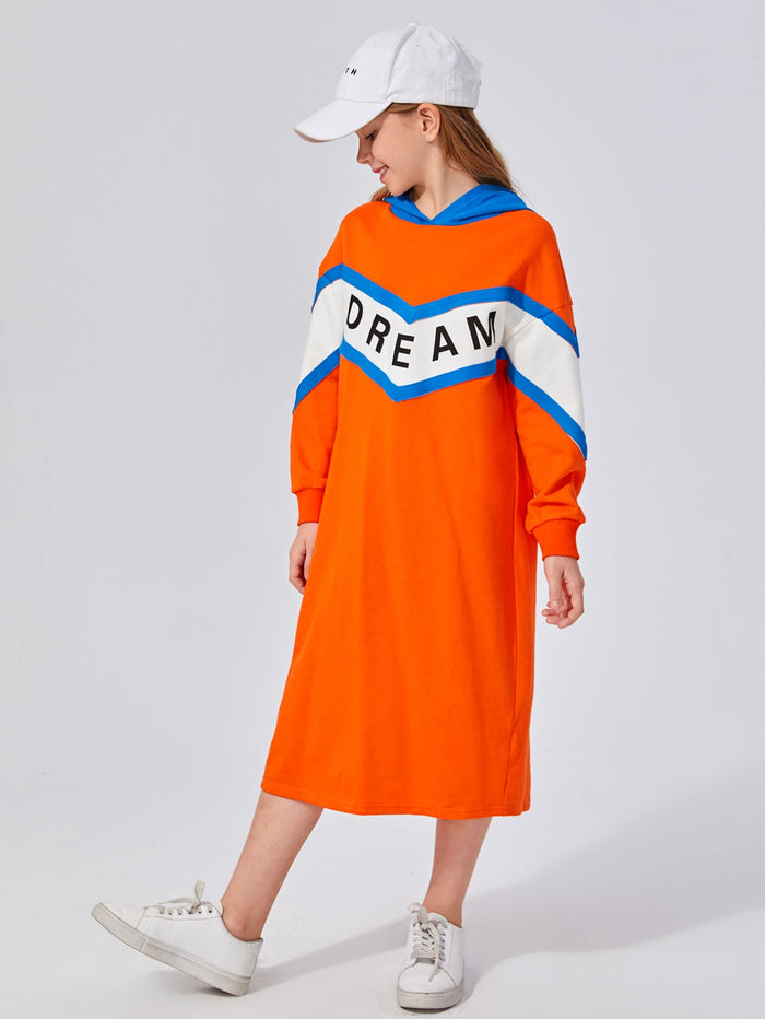 Girls Neon Orange Letter Graphic Hooded Sweatshirt Dress