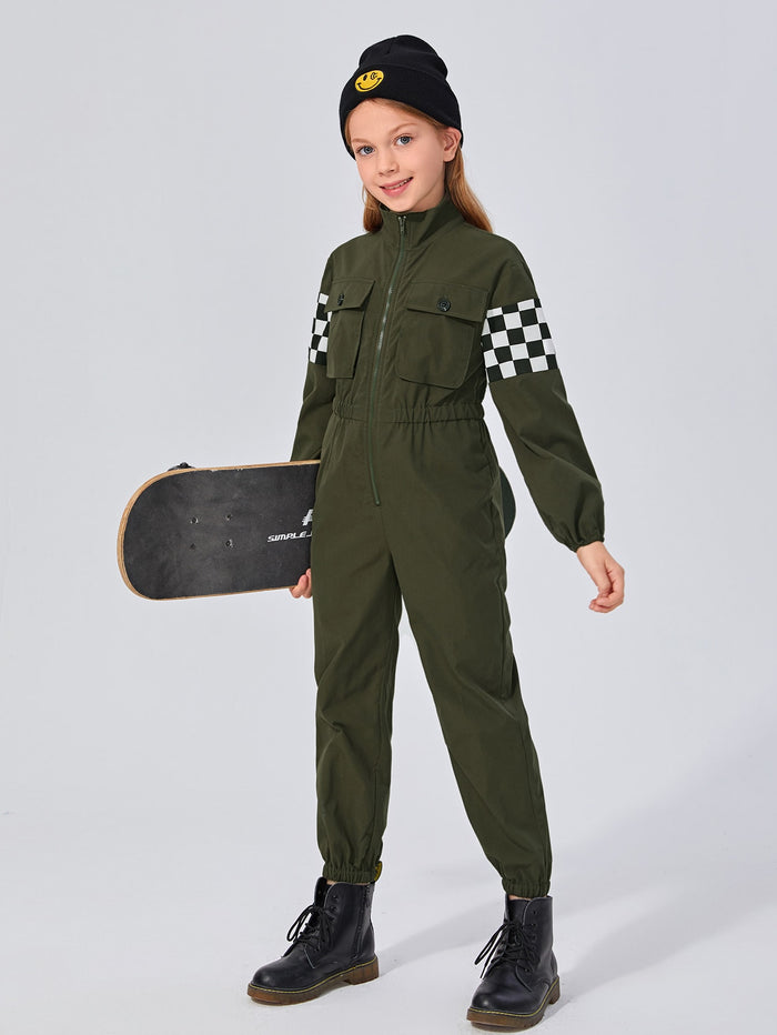 Girls Flap Pocket Front Checkered Panel Zip Front Jumpsuit