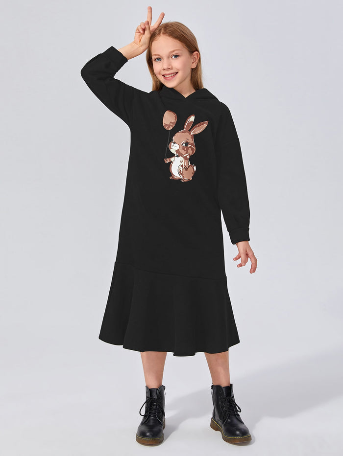 Girls Rabbit Print Drop Shoulder Flounce Hem Hoodie Dress Black