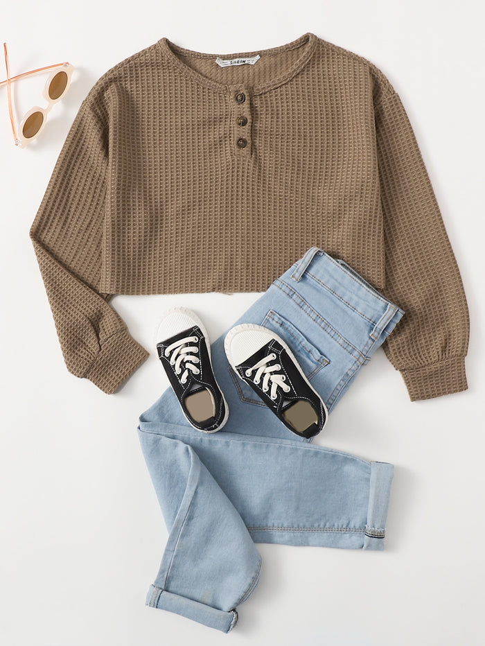 Girls Waffle Knit Henley Tee Apricot