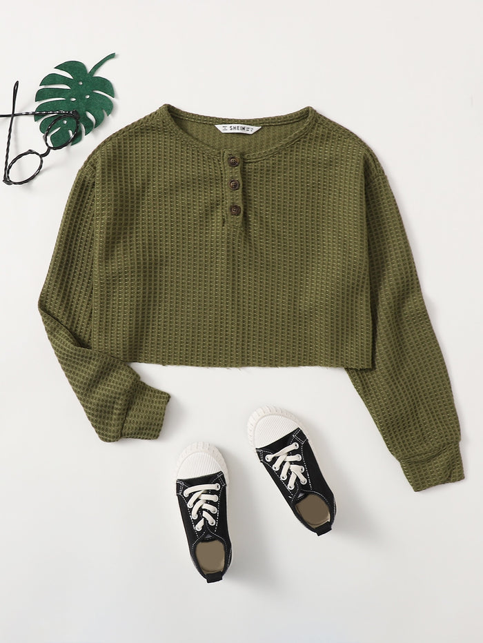 Girls Waffle Knit Henley Tee Army Green