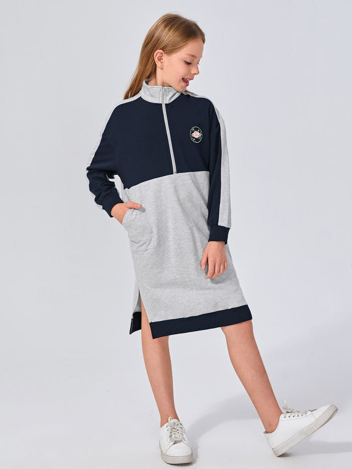 Girls High Neck Patched Detail Colorblock Half Zipper Placket Sweatshirt Dress