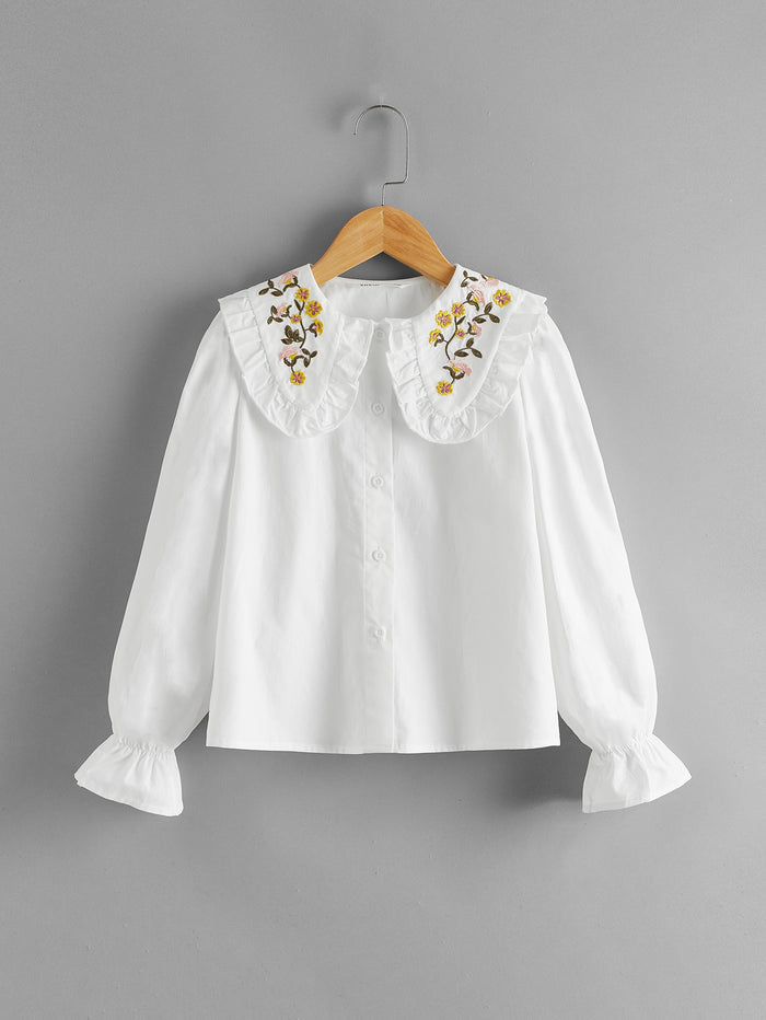 Girls Frill Trim Embroidery Collar Buttoned Front Blouse