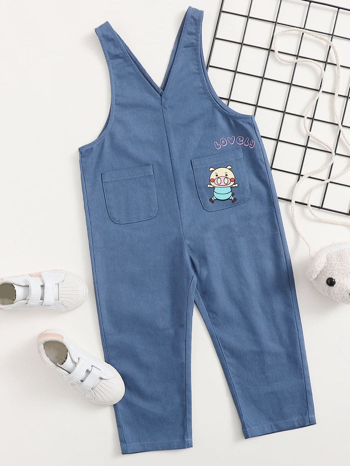 Toddler Girls Letter & Cartoon Graphic Patch Pocket Overalls