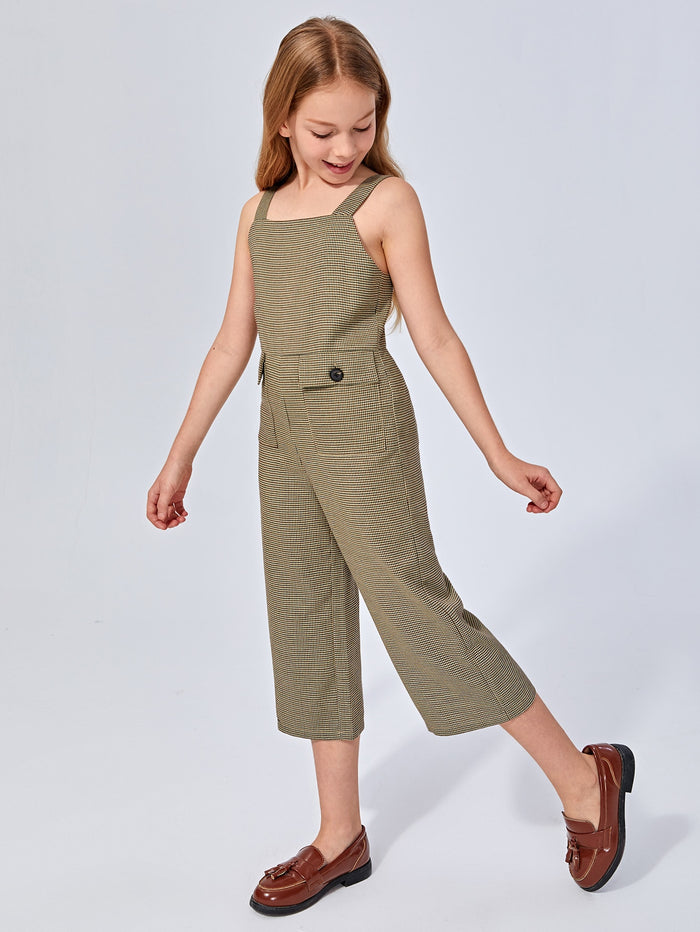 Girls Pocket Front Houndstooth Overall Jumpsuit
