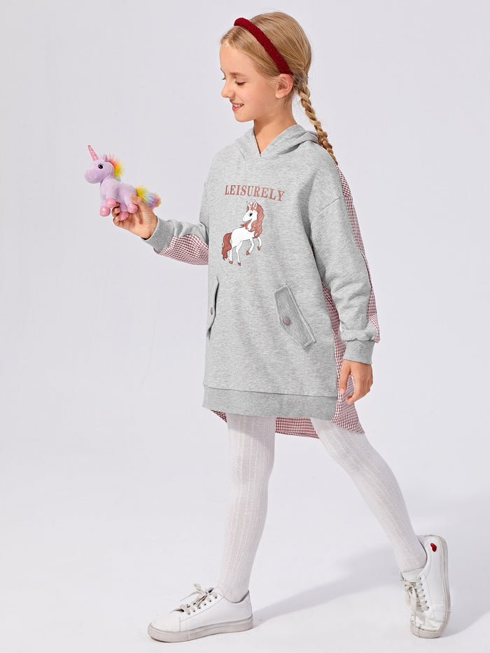 Girls Letter & Unicorn Print Plaid Hoodie