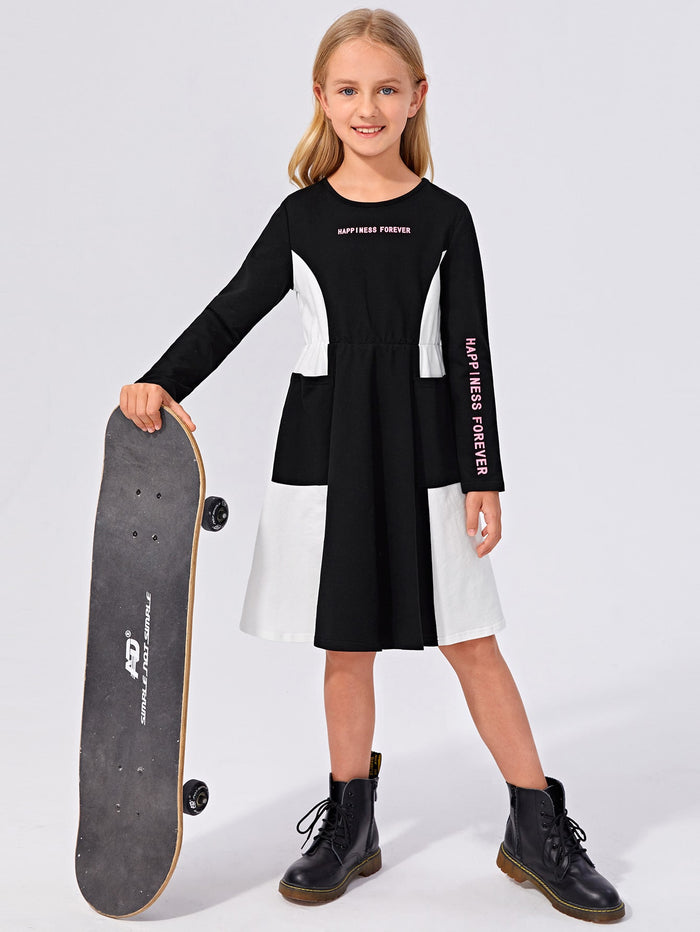 Girls Letter Graphic Colorblock Dress