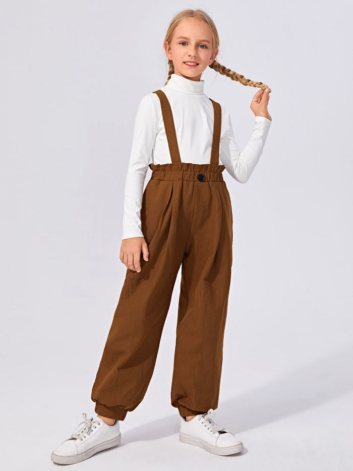 Girls Paperbag Waist Button Detail Pinafore Pants