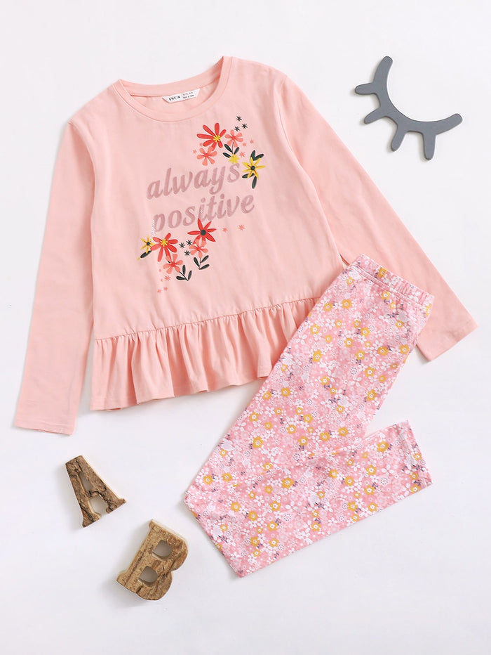 Girls Letter and Floral Print Peplum Tee and Leggings Set