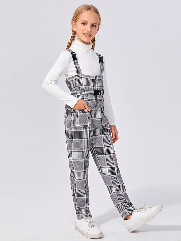 Girls Flap Pocket Self Push Buckle Belted Plaid Pinafore Jumpsuit