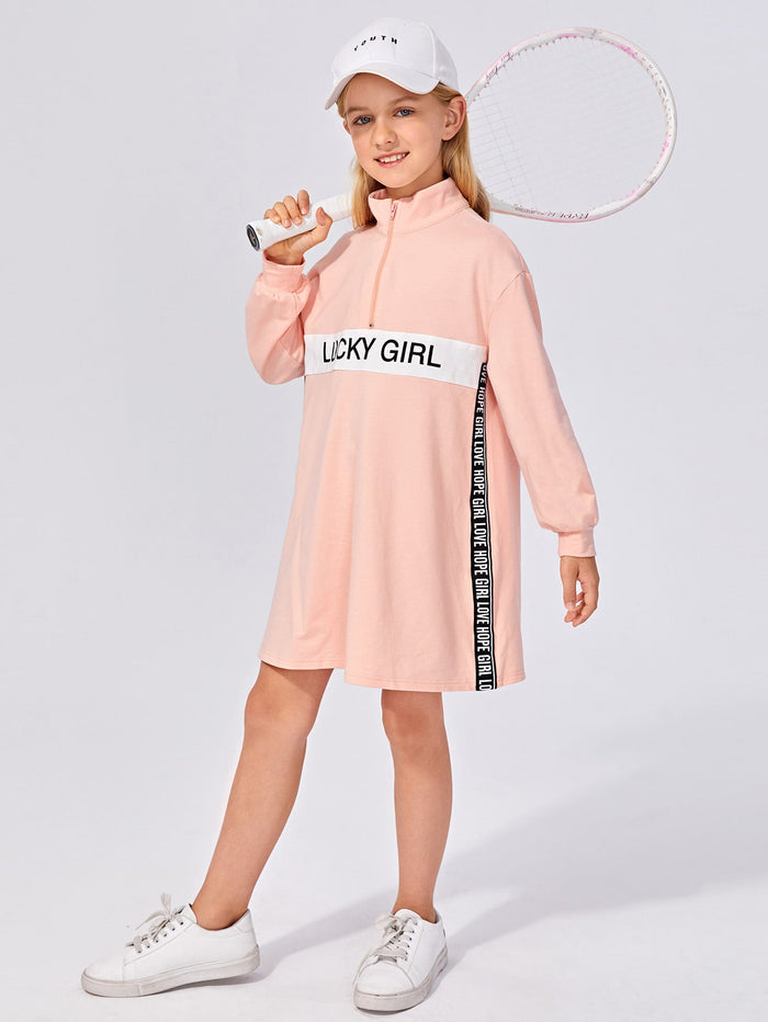 Girls Contrast Letter Tape Side Zip Half Placket Sweatshirt Dress