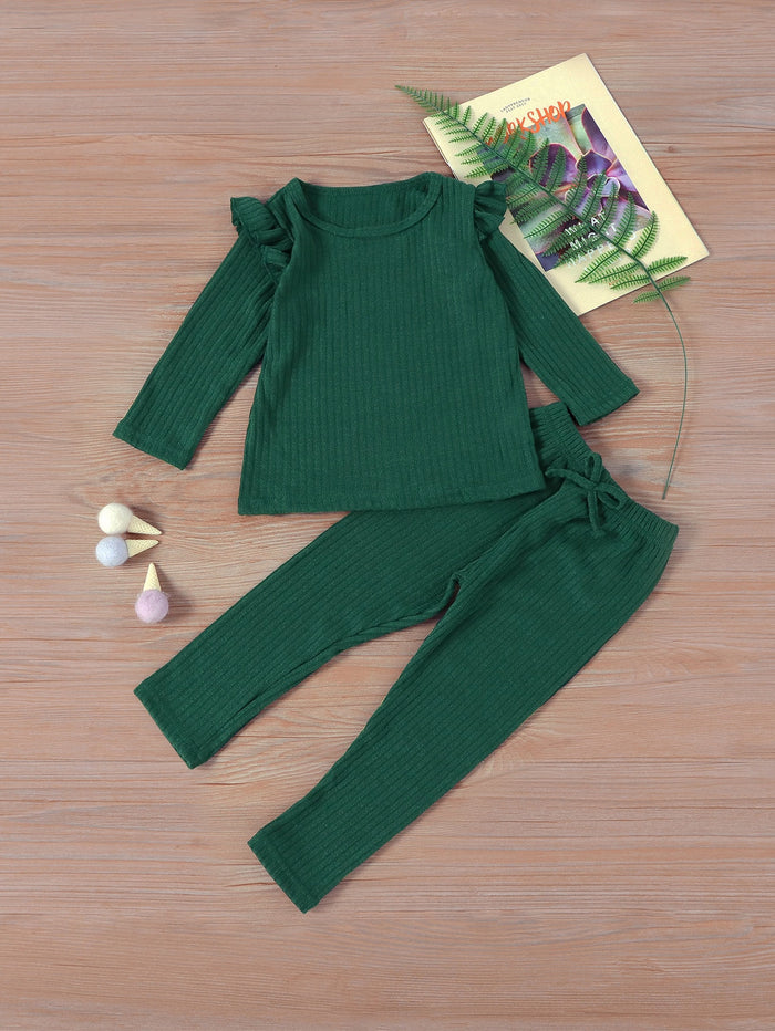 Toddler Girls Ruffle Trim Tee With Bow Front Pants Dark Green
