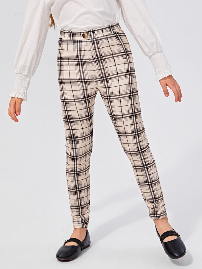 Girls Button Detail Tartan Leggings