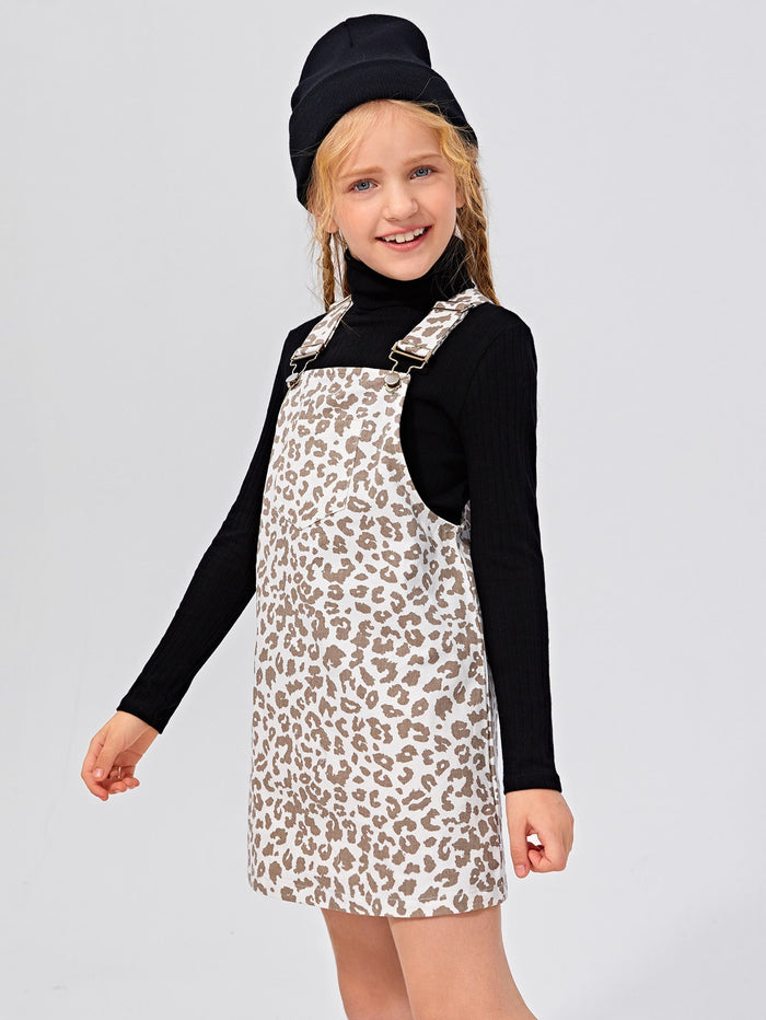 Girls High Neck Tee and Leopard Overall Dress Set