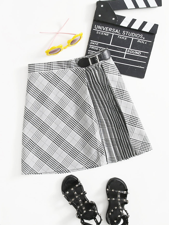 Girls Buckle Strap Detail Pleated Panel Tartan Skirt