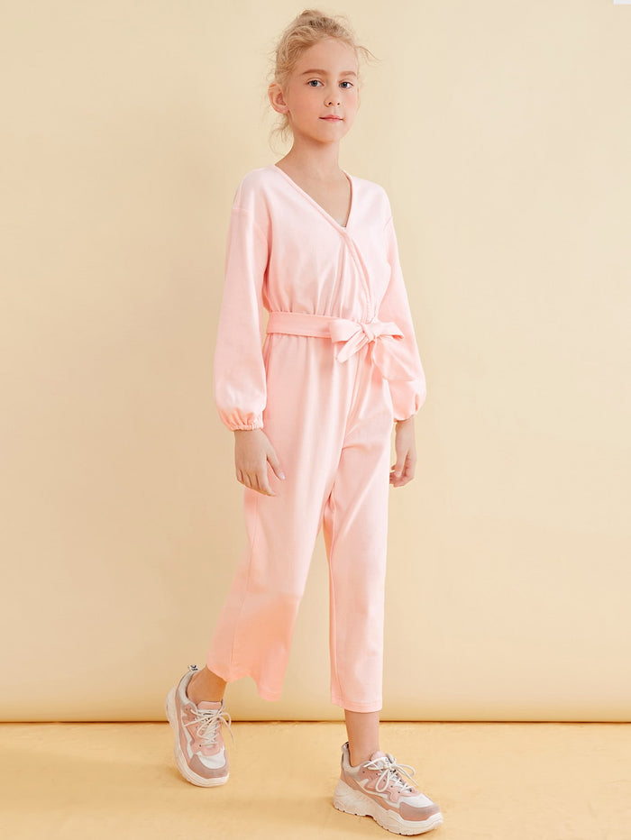 Girls Surplice Neck Belted Solid Jumpsuit