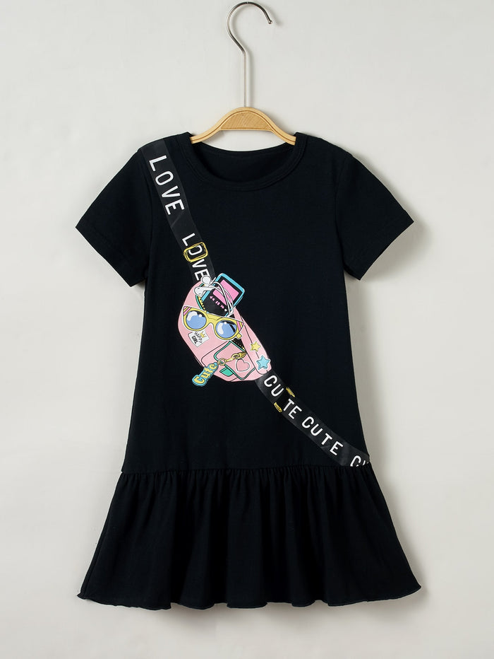 Toddler Girls Letter & Cartoon Graphic Ruffle Hem Dress