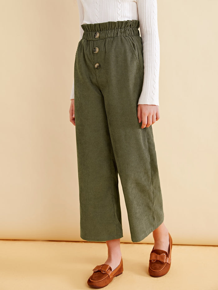 Girls Paperbag Waist Button Detail Flare Leg Cord Pants