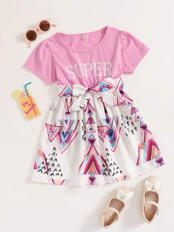 Toddler Girls Letter & Geo Print Belted Dress Multicolor