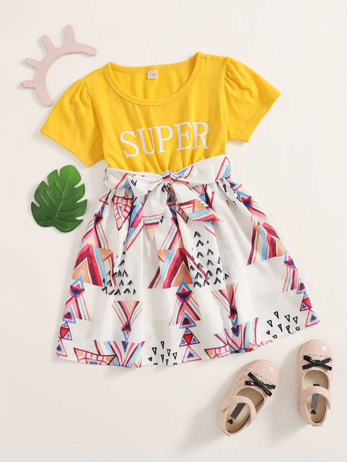 Toddler Girls Letter & Geo Print Belted Dress