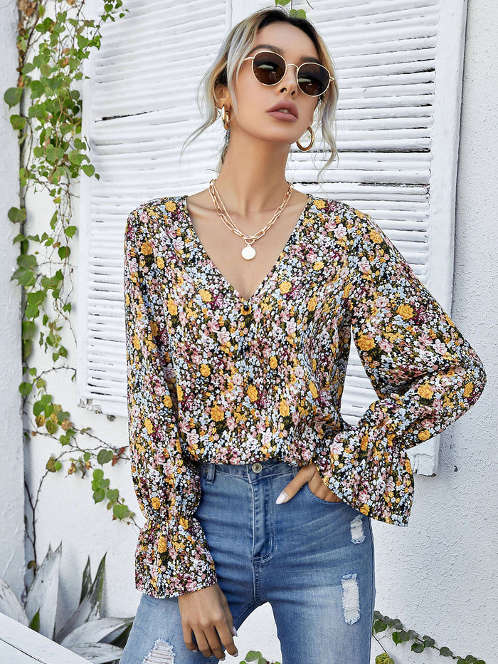 V-neck Flounce Sleeve Floral Top Multicolor