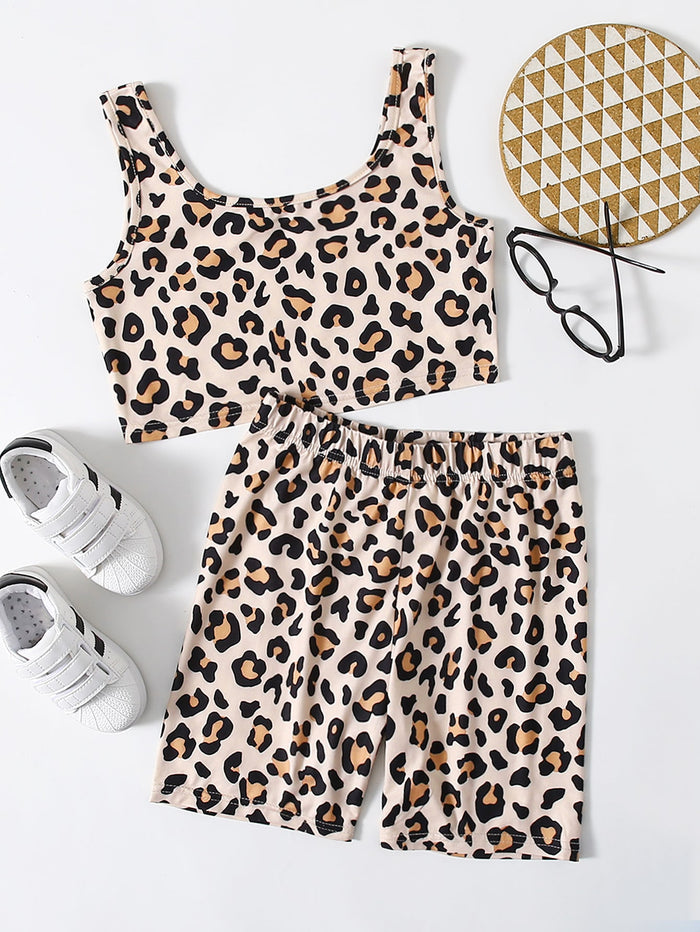 Girls Leopard Print Tank Top & Shorts Set