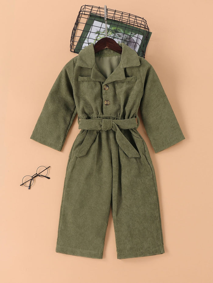 Toddler Girls Self Tie Corduroy Shirt Jumpsuit Army Green