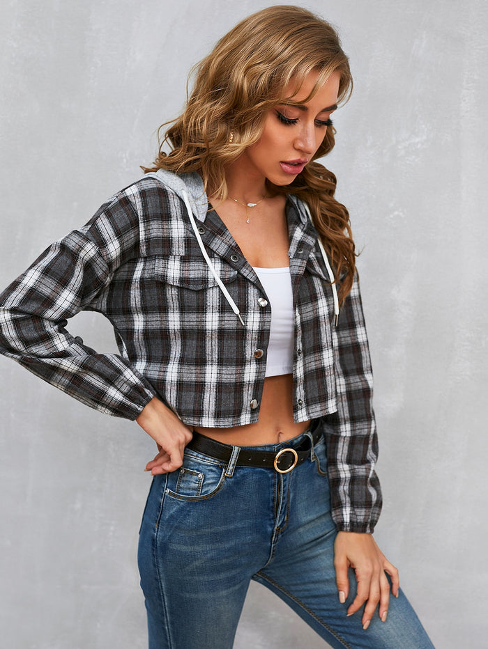 Drop Shoulder Plaid Contrast Drawstring Hooded Blouse Multicolor