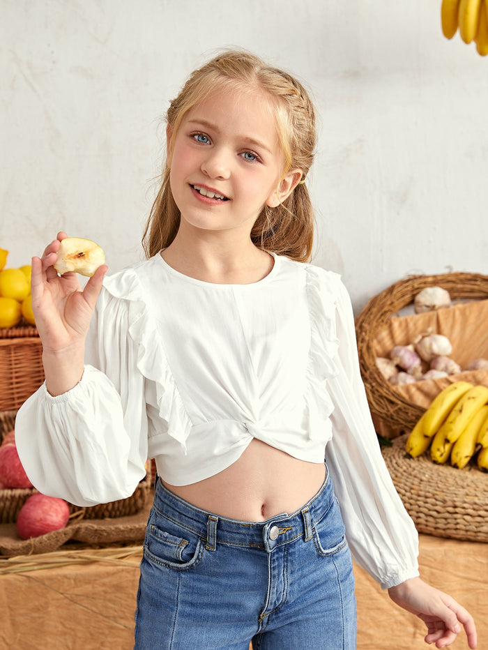 Girls Ruffle Trim Lantern Sleeve Twist Hem Top