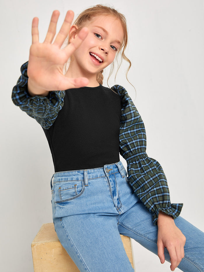 Girls Contrast Plaid Gathered Sleeve Top