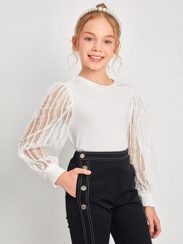 Girls Sheer Mesh Lantern Sleeve Rib-knit Tee