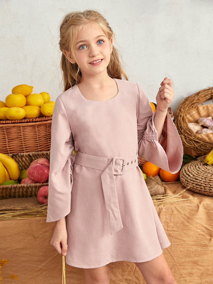 Girls Ruched Bell Sleeve Buckle Belted Solid Dress