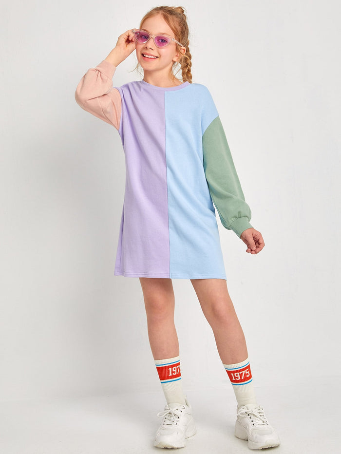Girls Drop Shoulder Colorblock Sweatshirt Dress