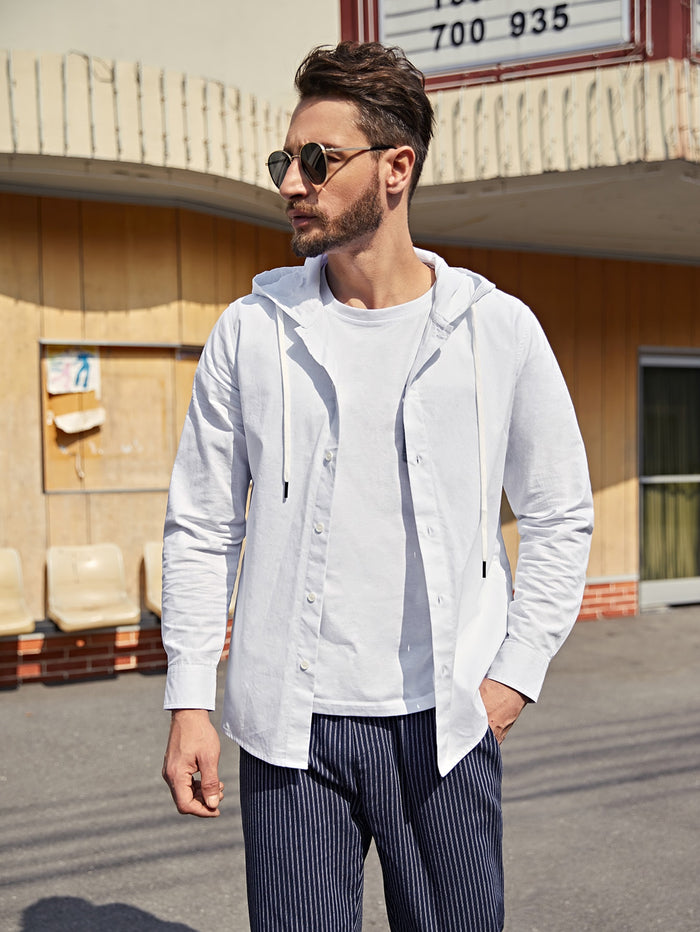 Men Solid Button Up Hooded Shirt