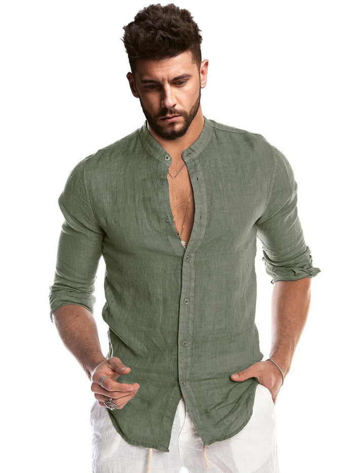 Men Stand Neck Button Up Shirt Mint Green