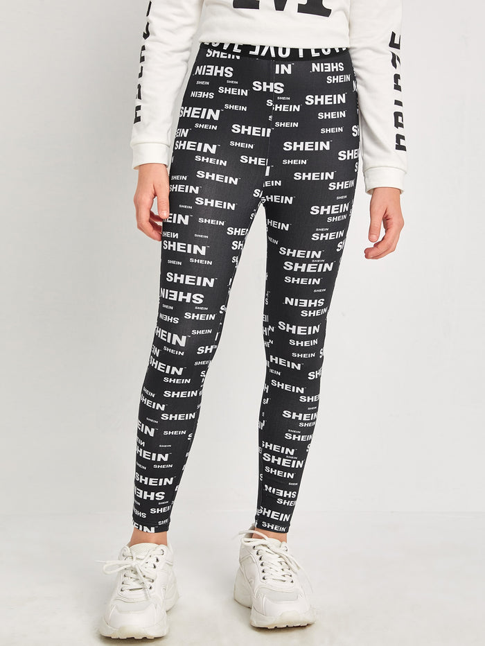 Girls Allover Letter Print Leggings