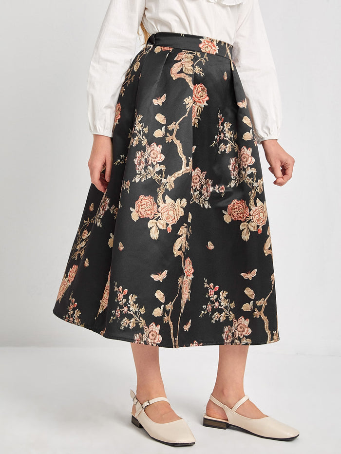 Girls Zipper Side Floral Print Skirt