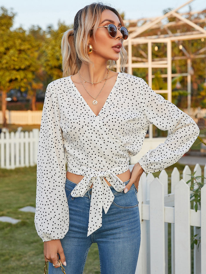 Polka Dot Wrap Tie Crop Blouse White
