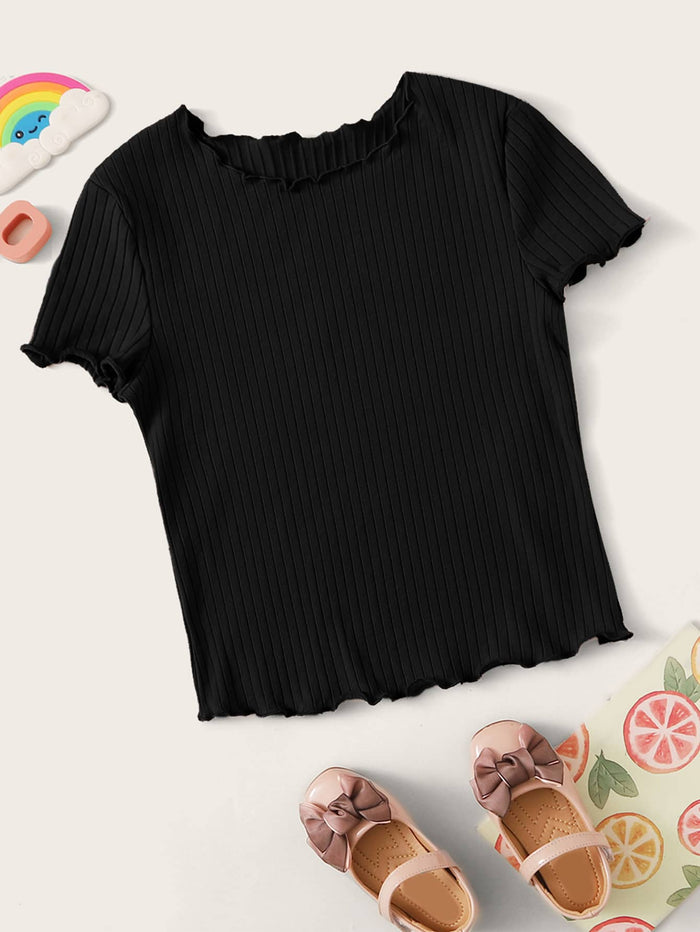 Girls Lettuce Trim Rib-knit Tee Black