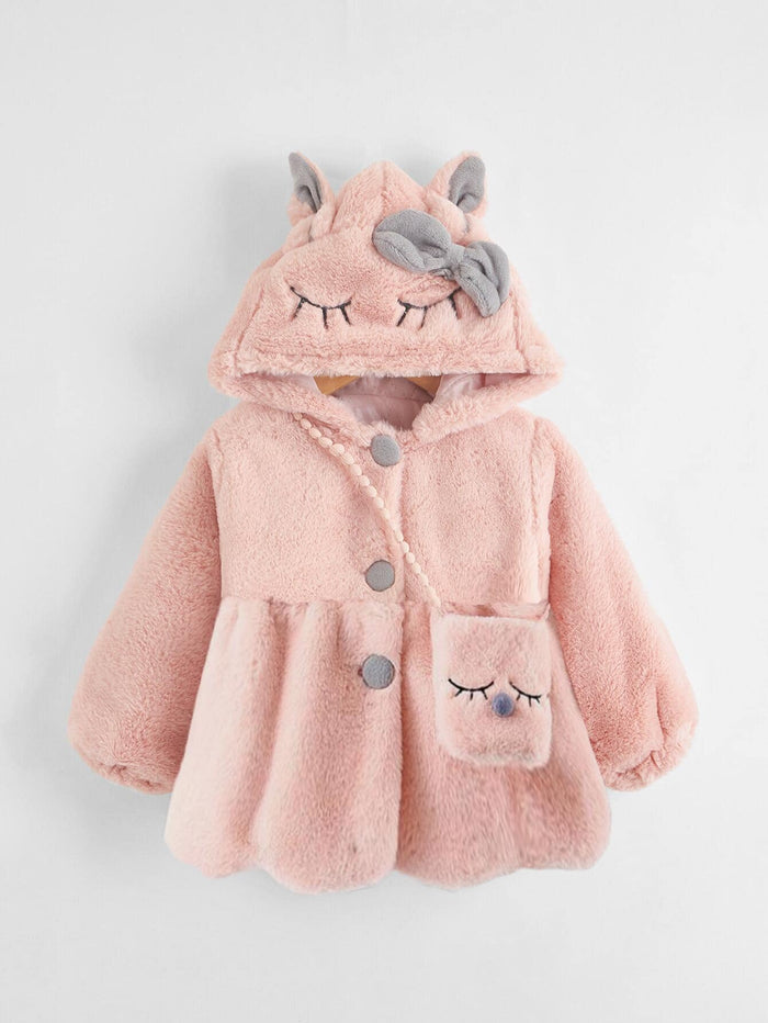 Toddler Girls Single Breasted 3D Ear Patched Hooded Teddy Coat With Bag