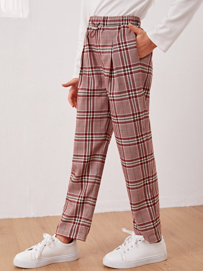 Girls Pocket Front Fold Pleated Plaid Pants