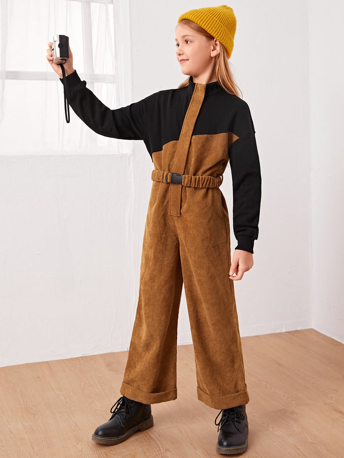 Girls Color Block Belted Cord Jumpsuit
