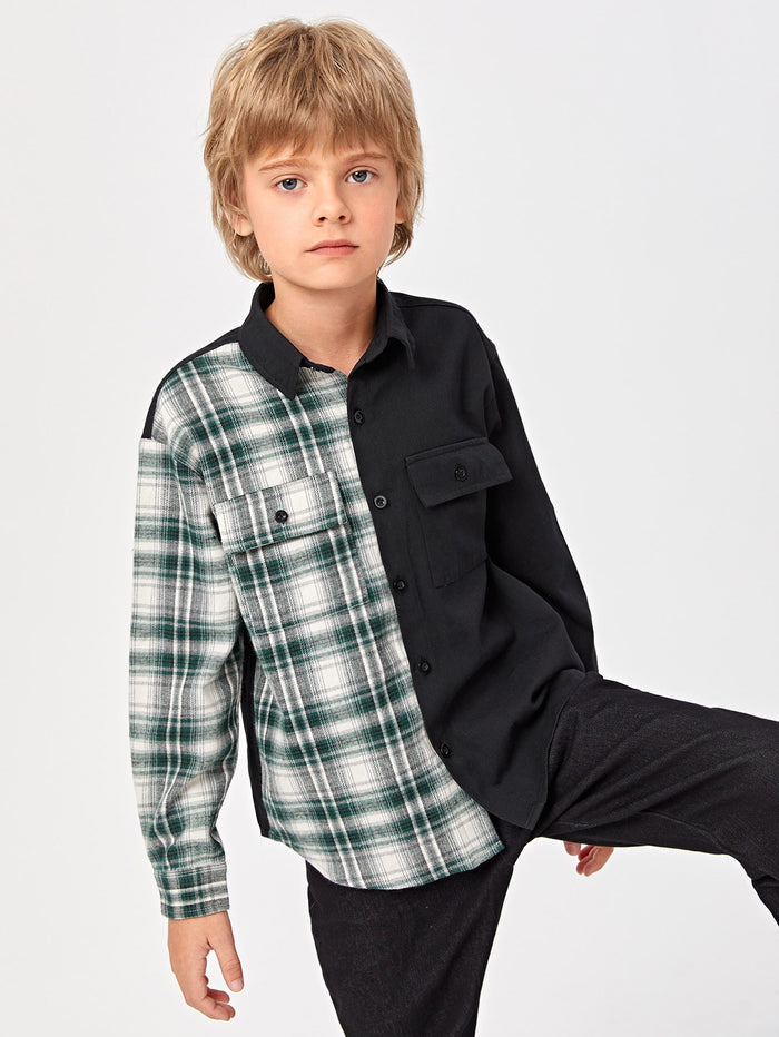 Boys Collared Flap Pocket Front Plaid Panel Shirt