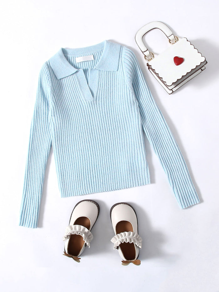 Girls Collared Rib-knit Sweater