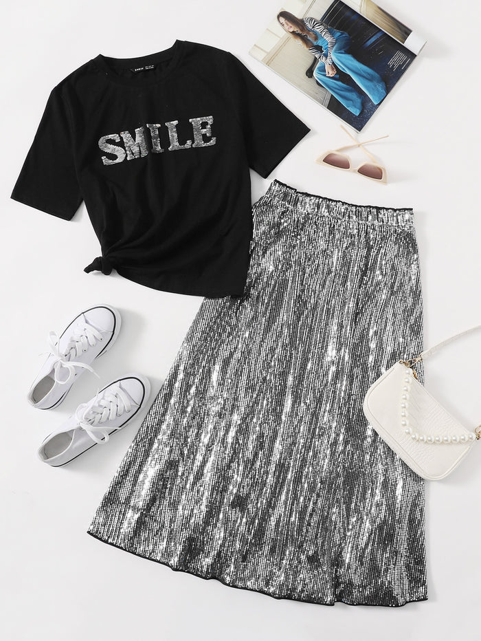 Letter Graphic Tee & Sequins Skirt Set