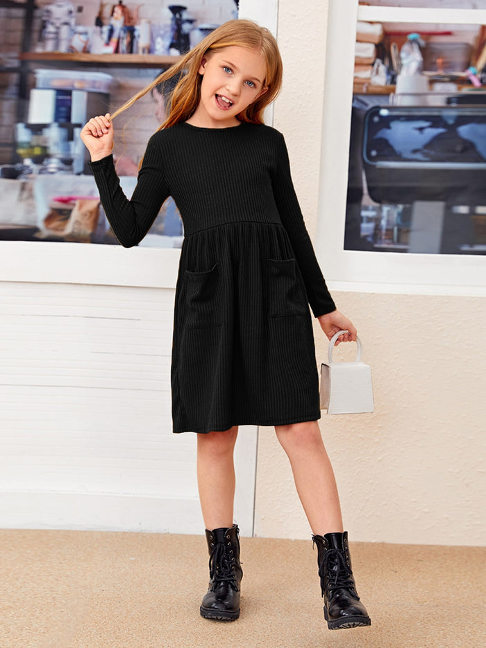 Girls Patch Pocket Rib-knit Dress Black