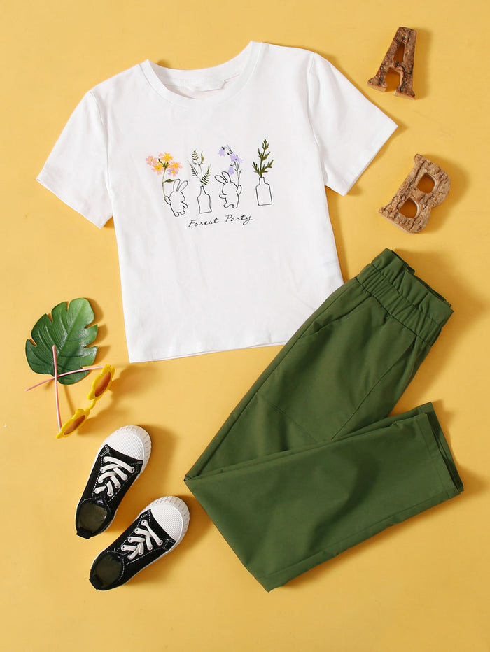 Girls Cartoon Graphic Tee & Solid Pants Set