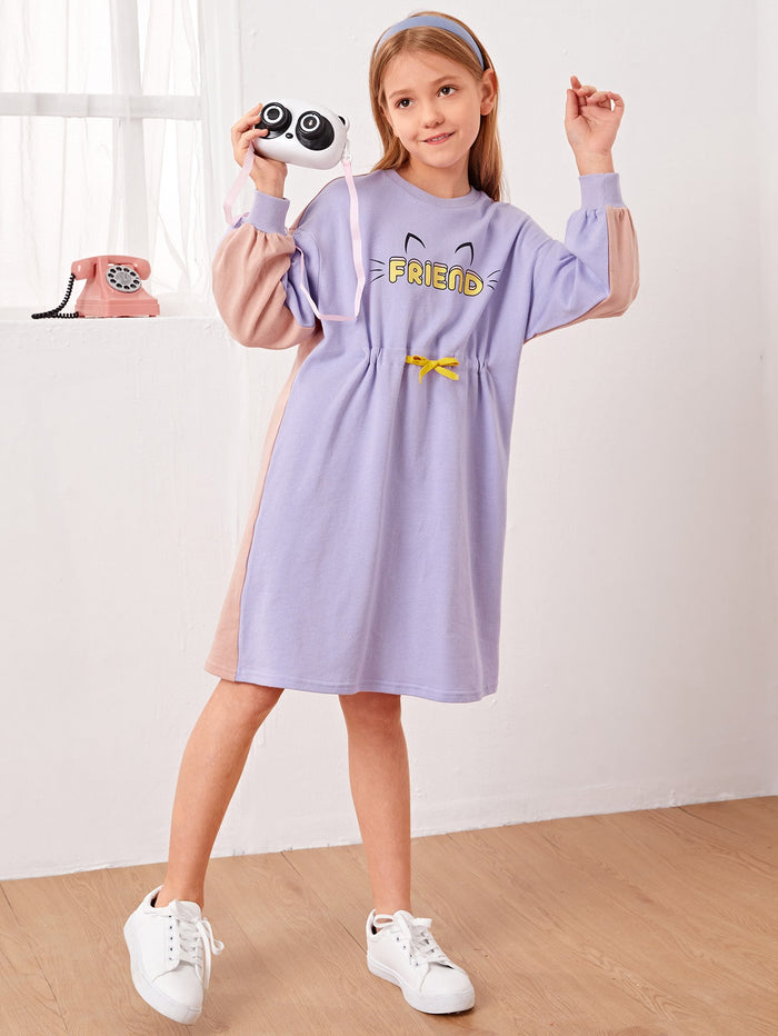 Girls Color Block Letter Graphic Drawstring Waist Sweatshirt Dress