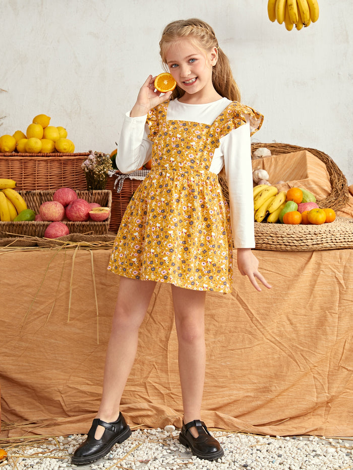 Girls Ditsy Floral Ruffle Trim Overall Dress