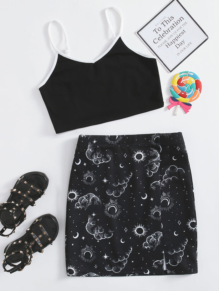 Girls Crop Cami Top & Galaxy Print Skirt Set